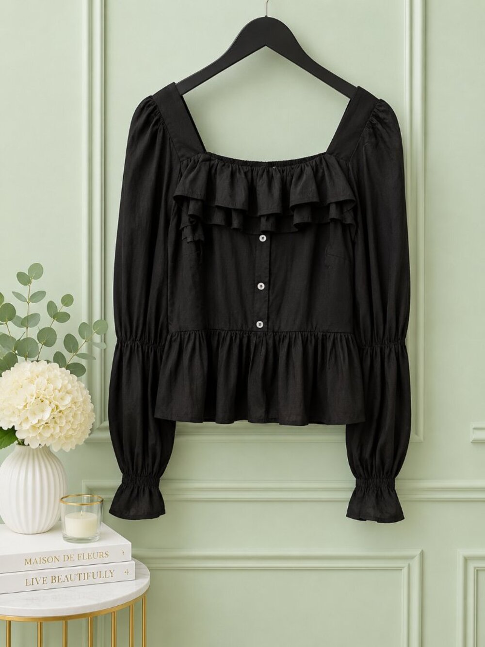 Andree Black Ruffle Peplum Blouse